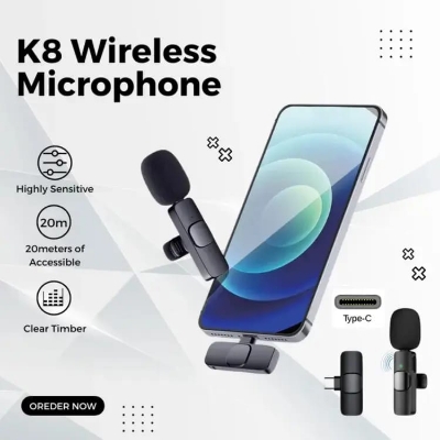 Picture of Professional K8 Wireless Lavalier Microphone - Type C - Noise Reduction - Portable Audio & Video - Black