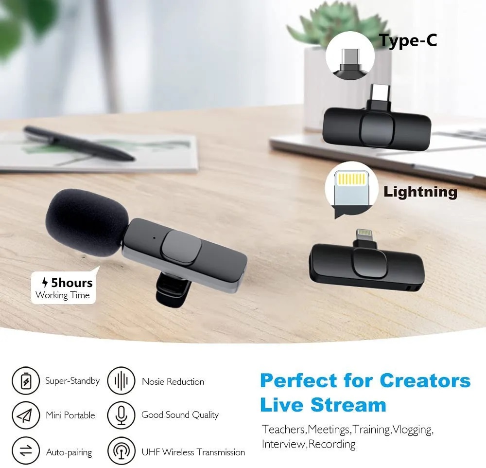 Picture of Professional K8 Wireless Lavalier Microphone - Type C - Noise Reduction - Portable Audio & Video - Black
