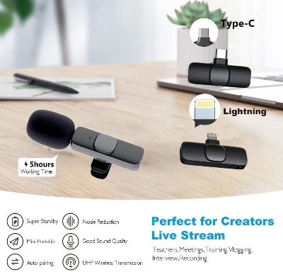 Picture of Professional K8 Wireless Lavalier Microphone - Type C - Noise Reduction - Portable Audio & Video - Black