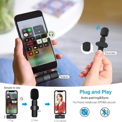 Picture of Professional K8 Wireless Lavalier Microphone - Type C - Noise Reduction - Portable Audio & Video - Black