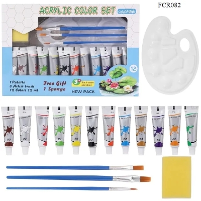 Picture of Acrylic Color Paint Set 12ml*12 Colors + 3 Brushes + Sponge+plat - Multicolor