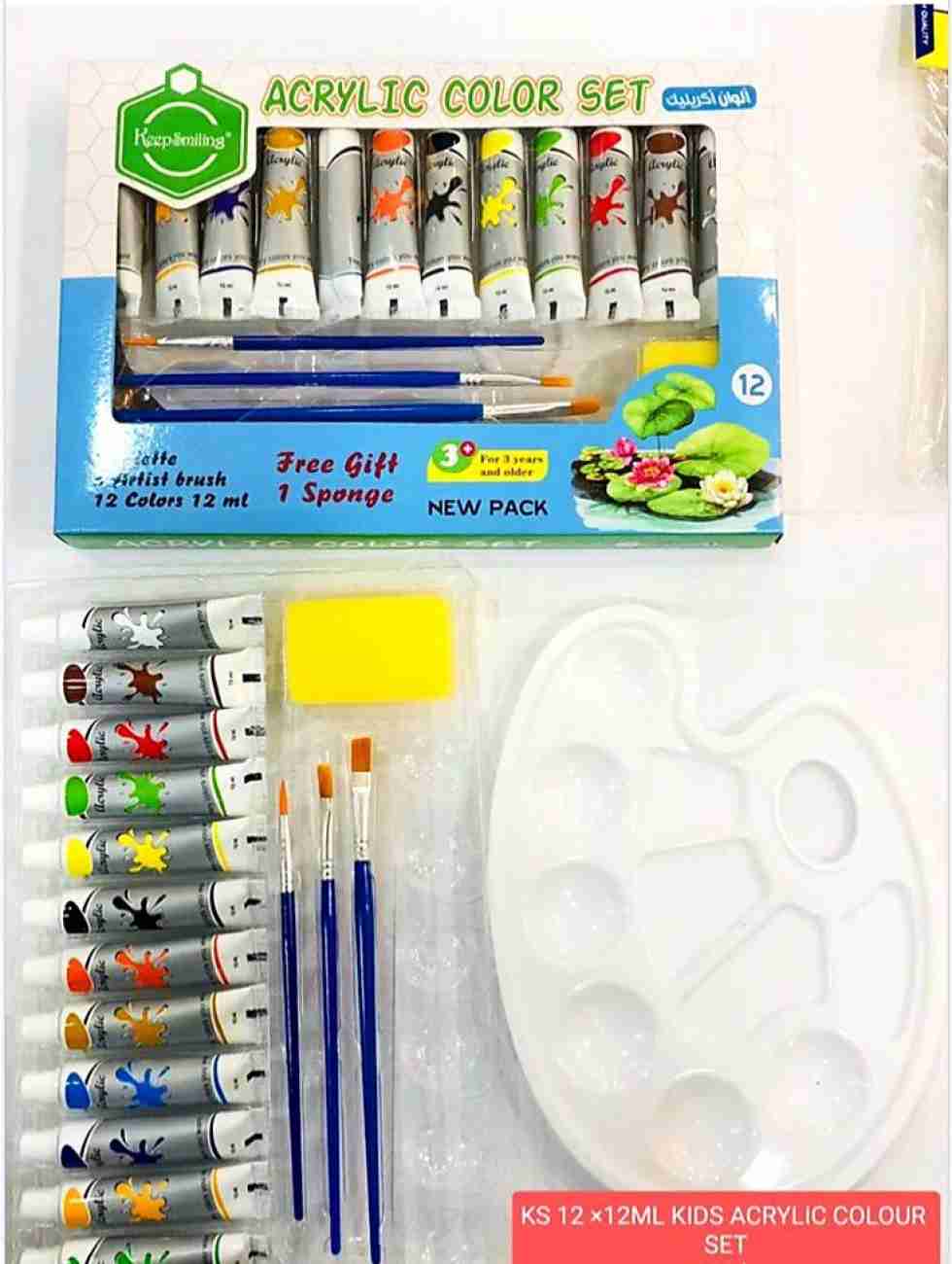 Picture of Acrylic Color Paint Set 12ml*12 Colors + 3 Brushes + Sponge+plat - Multicolor
