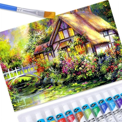 Picture of Acrylic Color Paint Set 12ml*12 Colors + 3 Brushes + Sponge+plat - Multicolor