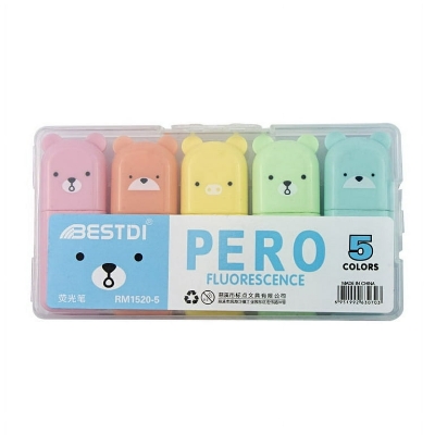 Picture of 6 Pcs Kawaii Bear Highlighter Pens Cute Stationery Markers Oblique Tip Candy Color Fluorescent Pastel Pen School Supplies 6 colors set - Multicolor