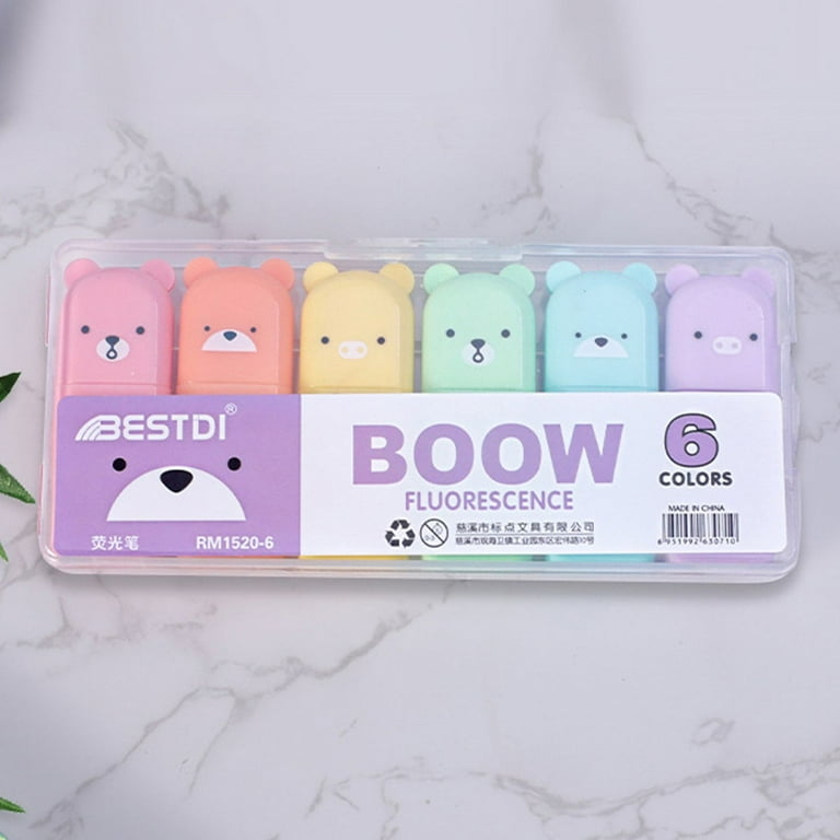 Picture of 6 Pcs Kawaii Bear Highlighter Pens Cute Stationery Markers Oblique Tip Candy Color Fluorescent Pastel Pen School Supplies 6 colors set - Multicolor