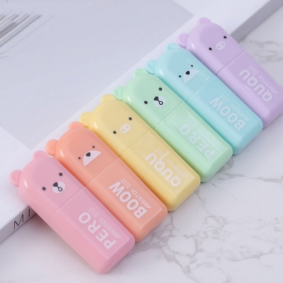 Picture of 6 Pcs Kawaii Bear Highlighter Pens Cute Stationery Markers Oblique Tip Candy Color Fluorescent Pastel Pen School Supplies 6 colors set - Multicolor
