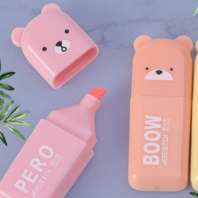 Picture of 6 Pcs Kawaii Bear Highlighter Pens Cute Stationery Markers Oblique Tip Candy Color Fluorescent Pastel Pen School Supplies 6 colors set - Multicolor
