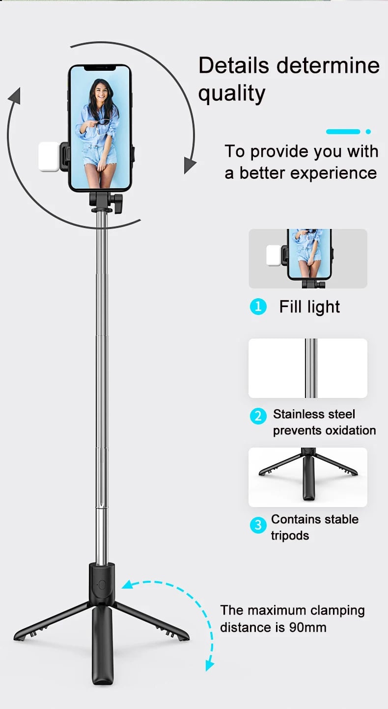 Picture of R1s Adjustable 4 in 1 Multifunctional Monopod Selfie Stick & Tripod with LED Selfie Light & Wireless Bluetooth Remote Control - Selfie Stick