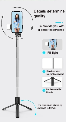 Picture of R1s Adjustable 4 in 1 Multifunctional Monopod Selfie Stick & Tripod with LED Selfie Light & Wireless Bluetooth Remote Control - Selfie Stick