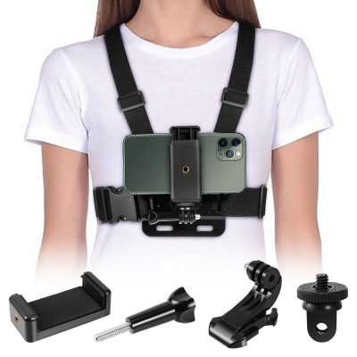 Picture of Action Camera Mount with Phone Holder - Action camera chest mount and for Helmet for hero go pro, eken, osmo action camera mount bike vloging mount - Black