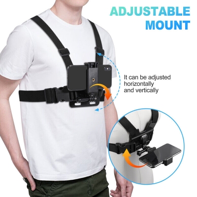 Picture of Action Camera Mount with Phone Holder - Action camera chest mount and for Helmet for hero go pro, eken, osmo action camera mount bike vloging mount - Black