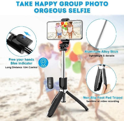 Picture of XT-02 Flexible 2 in 1 Bluetooth Selfie Stick Horizontal and Vertical Shooting Mobile Phone Tripod Remote Control Selfie Stand - Black