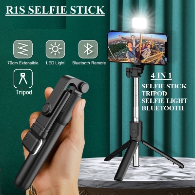 Picture of R1S Bluetooth Wireless Remote Selfie Stick LED light 3 in 1 Extendable Foldable Handheld Monopod Tripod Stand Holder