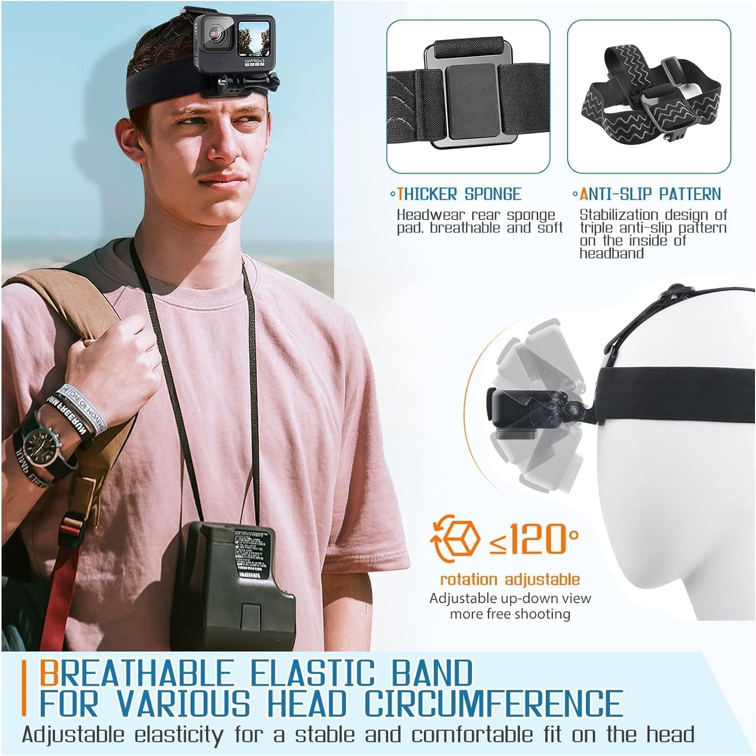 Picture of Head Mounted Mobile Phone Holder, First-Person View Video Outdoor Live Shooting Bracket with Phone Clip(4"-7") for Smartphones and GoPro Insta360 Sony DJI Action Camera Head Mount Strap - Black.