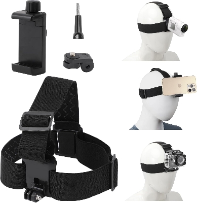 Picture of Head Mount Phone Holder – Adjustable Head Strap with Phone Clip for iPhone & Samsung | GoPro, Insta360, DJI Action Camera Compatible - Black