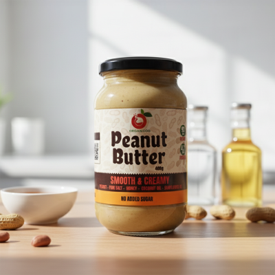 Picture of Organicoo Smooth & Creamy Peanut Butter Spread – Vegan, Cholesterol-Free, No Added Sugar – Glass Jar – 400g