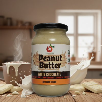 Picture of Organicoo White Chocolate Peanut Butter Spread – Vegan, Cholesterol-Free, No Added Sugar – Glass Jar – 400g