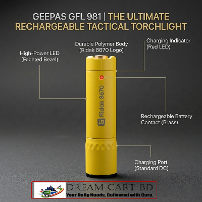 Picture of Ridak SD-8670 Rechargeable LED Flashlight Torch – High Power Long Range Torch with 18650 Battery for Camping & Emergency, Ridak SD-8670, Ridak Torch, Rechargeable LED Flashlight, SD8670 Torch, 18650 Battery Torch, High Power Torch, Long Range Flashlight, USB Rechargeable Torch, Super Bright LED Torch, Emergency Torch