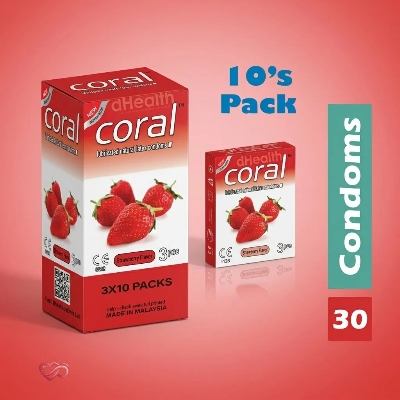 Picture of Coral Strawberry Flavor Condom Full Box 10's Pack (30 Pcs)-10 pcs multicolor