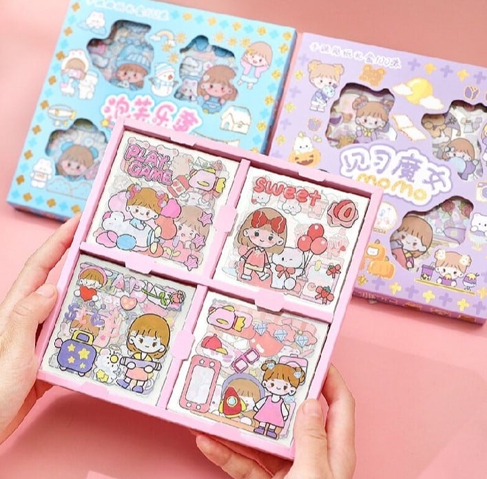 Picture of 100 sheets Cute Cartoon MoMo Waterproof PET Diary Decoration Cute Pattern Die Cut Sticker, DIY Decoration Sticker-Blush Pink