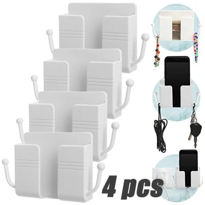 Picture of 4pcs Wall Mounted Mobile Phone Holder Multifunction Holder Remote Control Storage Box Charger Hook Cable Charging Dock Stand-Multicolor