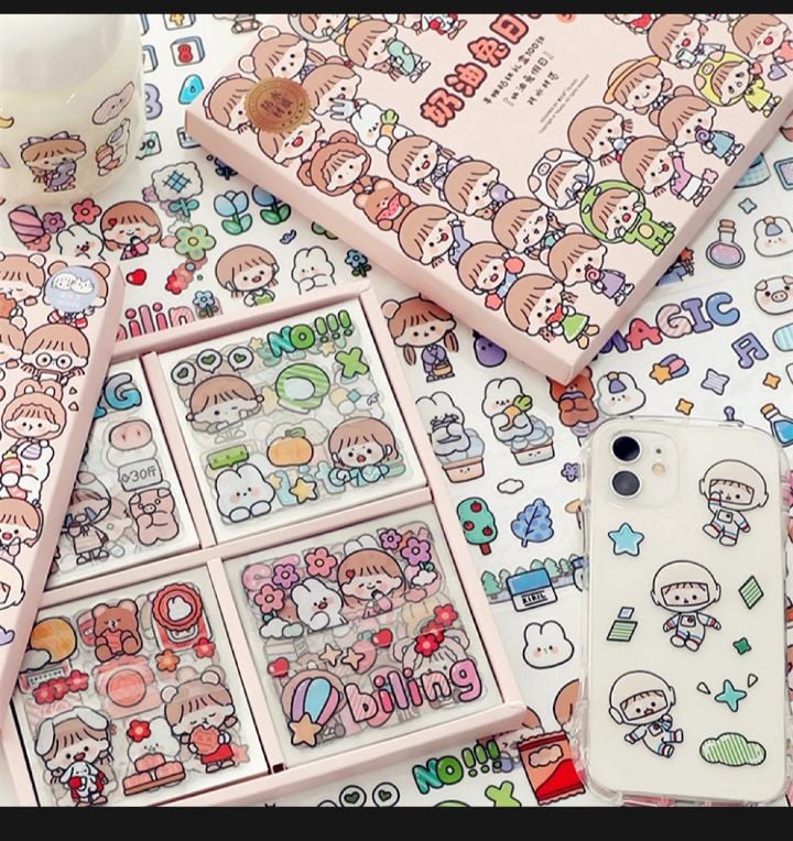 Picture of 100PCS Cute Cartoon PET Waterproof Stickers Album Diary Journal Decorative Scrapbooking DIY Sticker With Box |-Multicolor