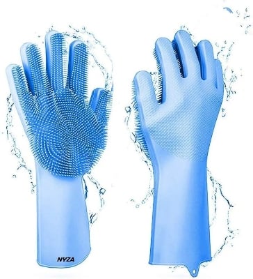Picture of Premium Washing Gloves with Bristles useful for dish washing, pets grooming, bathroom cleaning, car washing and many other household cleaning activities (1 Pair Color may vary)-Blue