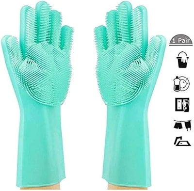 Picture of Premium Washing Gloves with Bristles useful for dish washing, pets grooming, bathroom cleaning, car washing and many other household cleaning activities (1 Pair Color may vary)-Blue