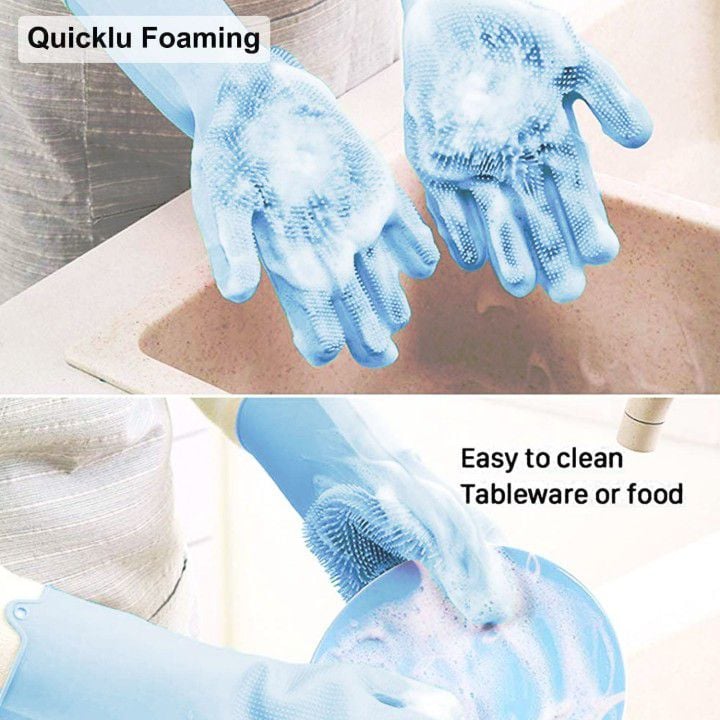 Picture of Premium Washing Gloves with Bristles useful for dish washing, pets grooming, bathroom cleaning, car washing and many other household cleaning activities (1 Pair Color may vary)-Blue