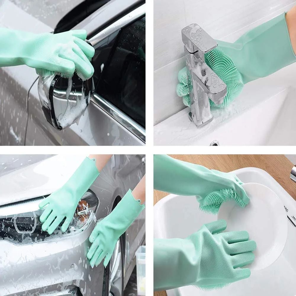 Picture of Premium Washing Gloves with Bristles useful for dish washing, pets grooming, bathroom cleaning, car washing and many other household cleaning activities (1 Pair Color may vary)-Blue