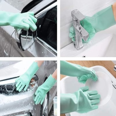 Picture of Premium Washing Gloves with Bristles useful for dish washing, pets grooming, bathroom cleaning, car washing and many other household cleaning activities (1 Pair Color may vary)-Blue