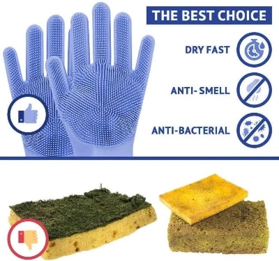 Picture of Premium Washing Gloves with Bristles useful for dish washing, pets grooming, bathroom cleaning, car washing and many other household cleaning activities (1 Pair Color may vary)-Blue