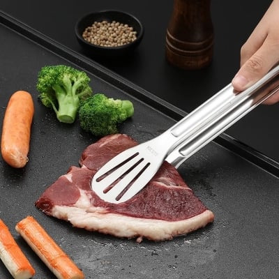 Picture of Stainless Steel Food Tongs Barbecue Tongs Meat Salad Steak Food Serving Clip Tweezers Long BBQ Cooking Tongs Kitchen Utensils-Silver