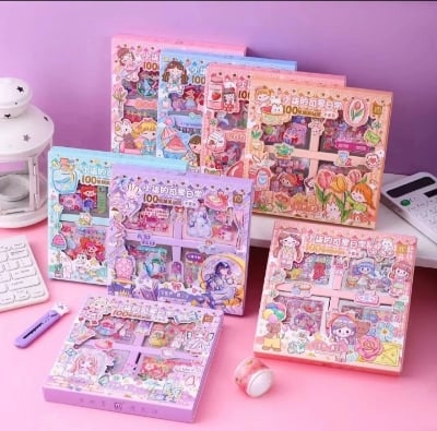 Picture of 100PCS Hand Account Sticker Suit Gift  Cute Cartoon Sticker Girl Hand Account Material Stationery PET Goo Card Sticker-Multicolor
