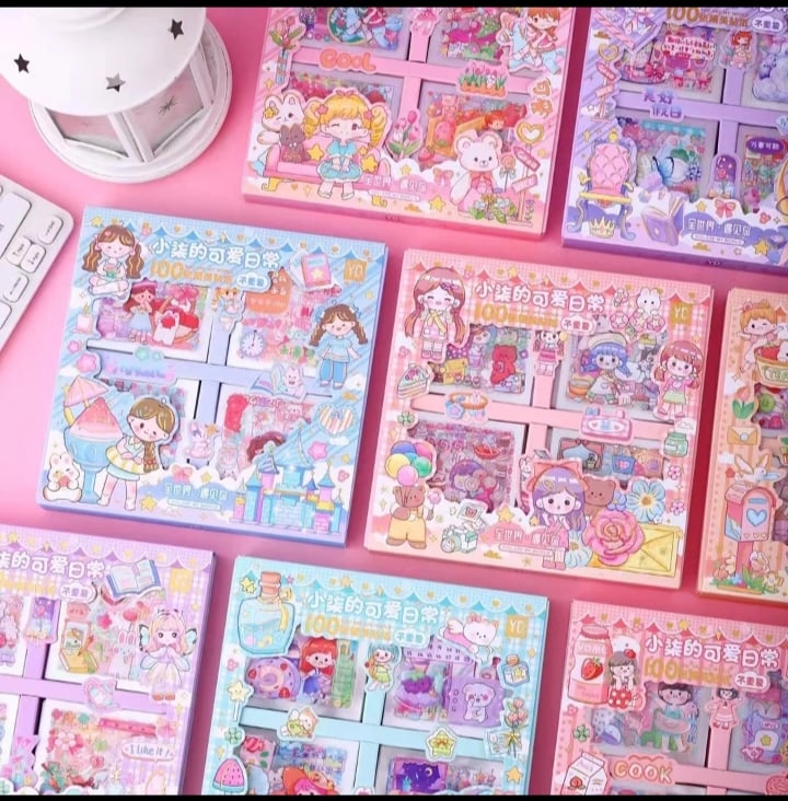 Picture of 100PCS Hand Account Sticker Suit Gift  Cute Cartoon Sticker Girl Hand Account Material Stationery PET Goo Card Sticker-Multicolor
