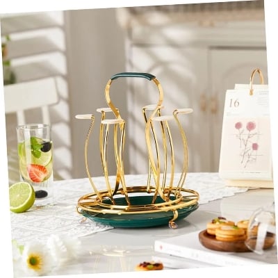 Picture of SS Glass Holder With Drainer, Glass Stand Cup Holder With Water Tray Kitchen Accessories Home Storage Rack For Living & Dinning Room-Gold