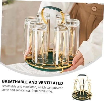 Picture of SS Glass Holder With Drainer, Glass Stand Cup Holder With Water Tray Kitchen Accessories Home Storage Rack For Living & Dinning Room-Gold