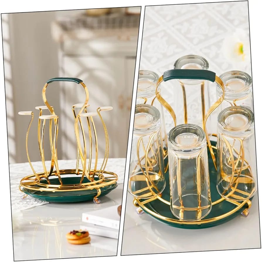 Picture of SS Glass Holder With Drainer, Glass Stand Cup Holder With Water Tray Kitchen Accessories Home Storage Rack For Living & Dinning Room-Gold