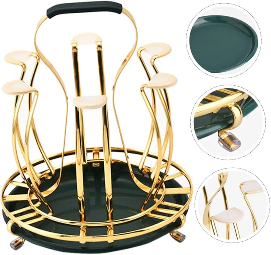 Picture of SS Glass Holder With Drainer, Glass Stand Cup Holder With Water Tray Kitchen Accessories Home Storage Rack For Living & Dinning Room-Gold