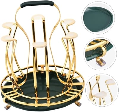 Picture of SS Glass Holder With Drainer, Glass Stand Cup Holder With Water Tray Kitchen Accessories Home Storage Rack For Living & Dinning Room-Gold