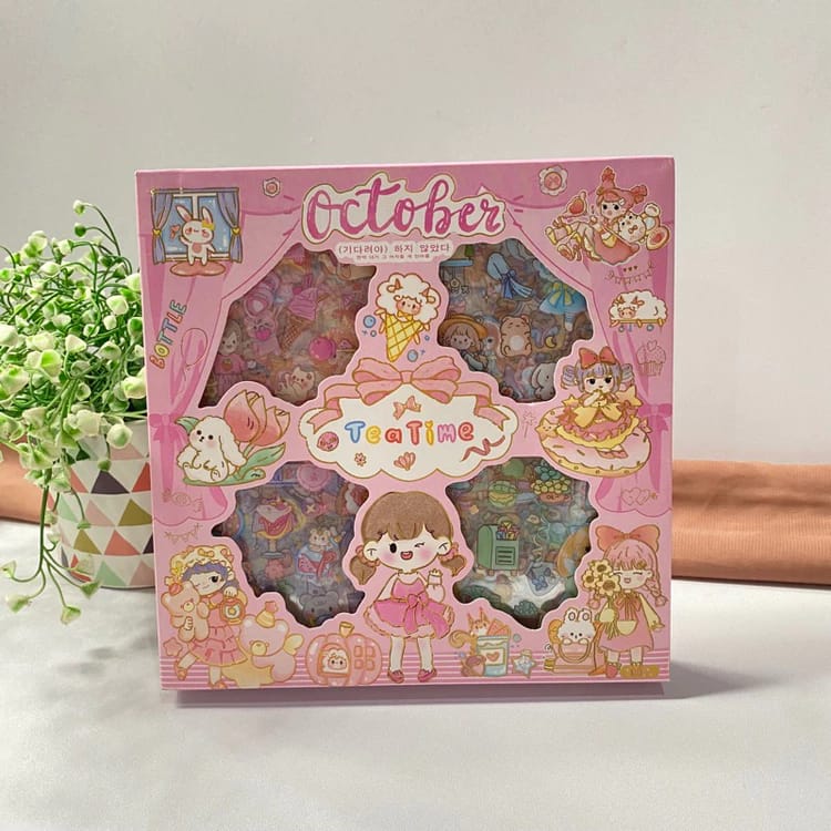 Picture of Stiker Tea Time October Box Isi 100Pcs Waterproof - Stiker Karakter TeaTime-Multicolor