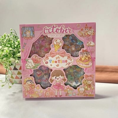 Picture of Stiker Tea Time October Box Isi 100Pcs Waterproof - Stiker Karakter TeaTime-Multicolor