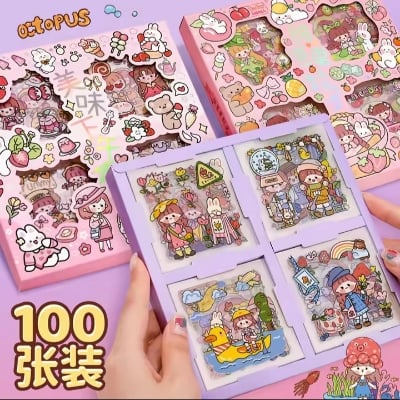 Picture of 100pcs PET Hand Account Stickers Gift Set Guka Stickers Children's Gilded Decorative Stickers-Pink