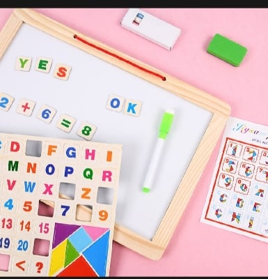 Picture of Double sided white board black board with magnetic wooden alphabet, chalk, eraser, marker and special magnetic tangram - smart tool for children learning |-Multicolor