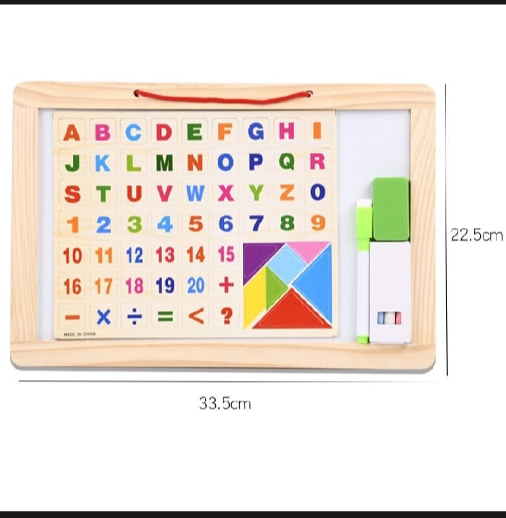 Picture of Double sided white board black board with magnetic wooden alphabet, chalk, eraser, marker and special magnetic tangram - smart tool for children learning |-Multicolor