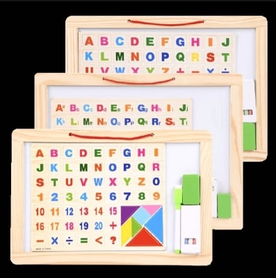Picture of Double sided white board black board with magnetic wooden alphabet, chalk, eraser, marker and special magnetic tangram - smart tool for children learning |-Multicolor