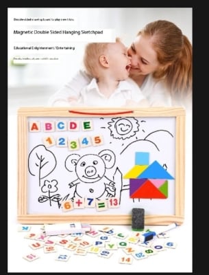 Picture of Double sided white board black board with magnetic wooden alphabet, chalk, eraser, marker and special magnetic tangram - smart tool for children learning |-Multicolor
