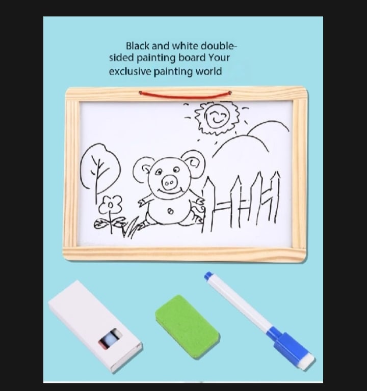 Picture of Double sided white board black board with magnetic wooden alphabet, chalk, eraser, marker and special magnetic tangram - smart tool for children learning |-Multicolor