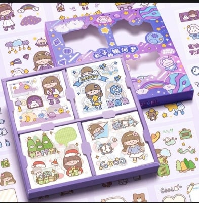 Picture of 100 Sheets Stickers Box Galaxy Dream Anime Figure Pattern Decorative PET Cartoon Character Decals for Scrapbook-Purple