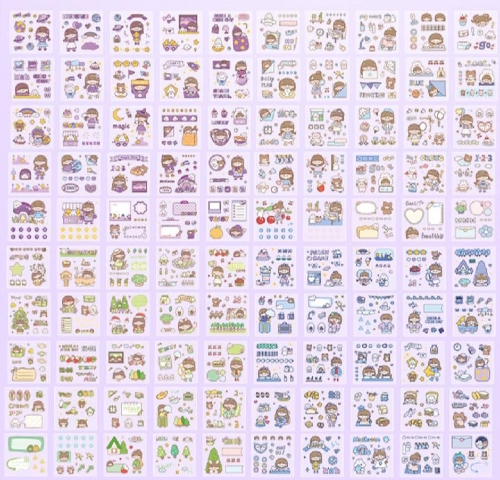 Picture of 100 Sheets Stickers Box Galaxy Dream Anime Figure Pattern Decorative PET Cartoon Character Decals for Scrapbook-Purple